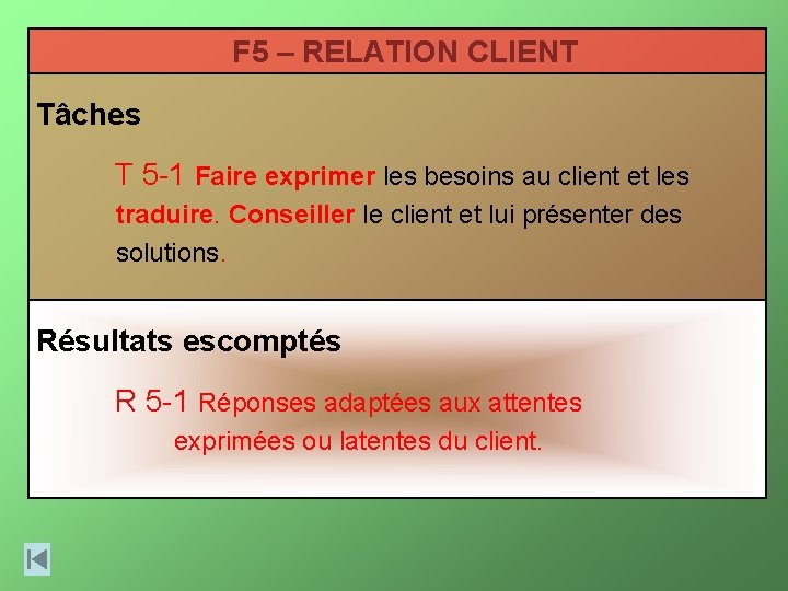 F 5 – RELATION CLIENT Tâches T 5 -1 Faire exprimer les besoins au F 5 – RELATION CLIENT Tâches T 5 -1 Faire exprimer les besoins au