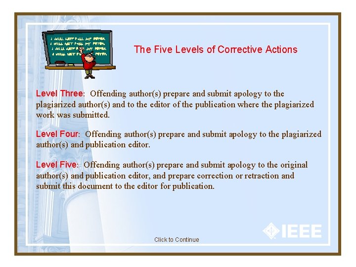 The Five Levels of Corrective Actions Level Three: Offending author(s) prepare and submit apology The Five Levels of Corrective Actions Level Three: Offending author(s) prepare and submit apology