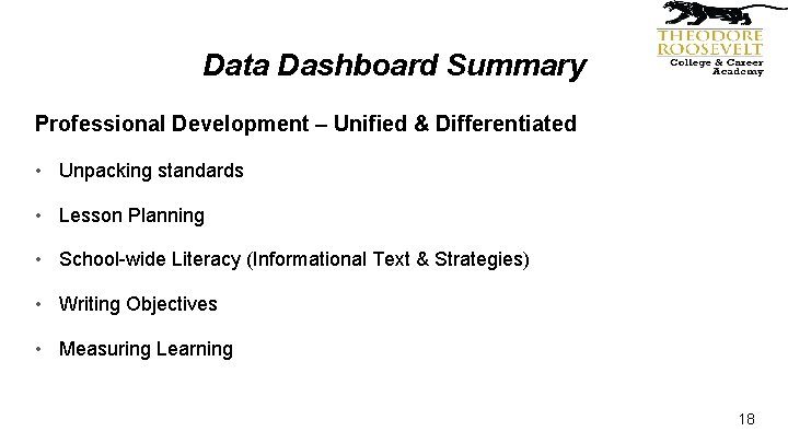 Data Dashboard Summary Professional Development – Unified & Differentiated • Unpacking standards • Lesson