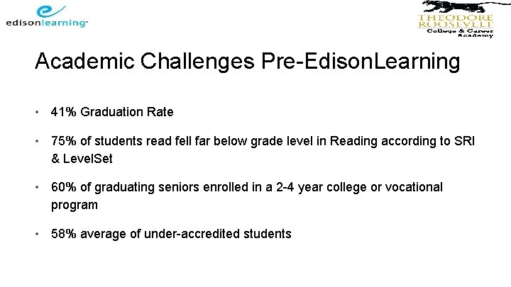 Academic Challenges Pre-Edison. Learning • 41% Graduation Rate • 75% of students read fell