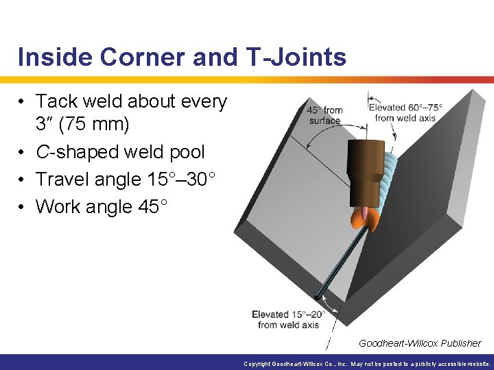 Inside Corner and T-Joints • Tack weld about every 3″ (75 mm) • C-shaped