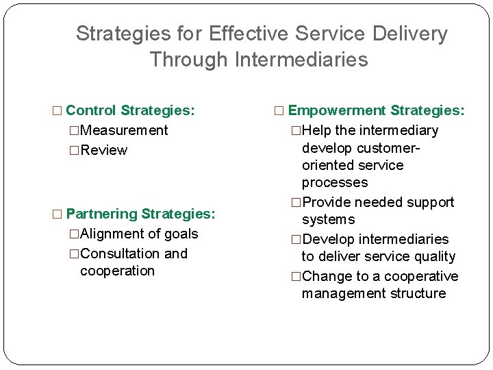 Strategies for Effective Service Delivery Through Intermediaries � Control Strategies: � Empowerment Strategies: �Measurement