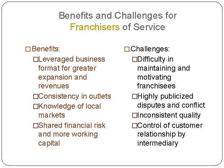 Benefits and Challenges for Franchisers of Service � Benefits: � Challenges: �Leveraged business �Difficulty