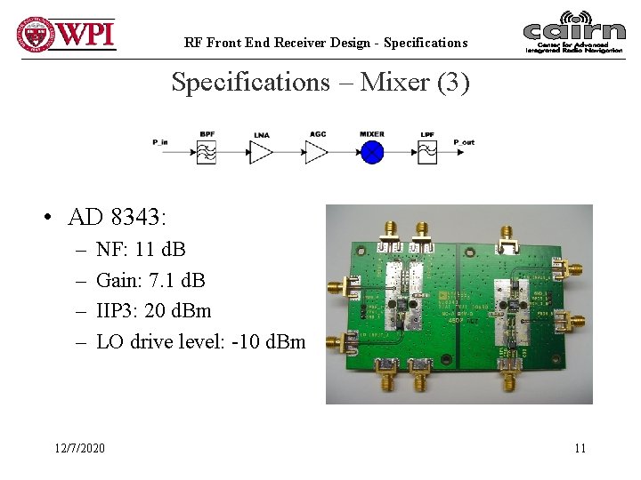 RF Front End Receiver Design - Specifications – Mixer (3) • AD 8343: –