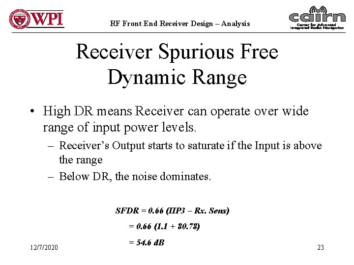 RF Front End Receiver Design – Analysis Receiver Spurious Free Dynamic Range • High