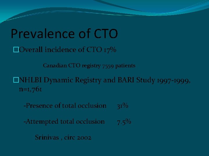 Prevalence of CTO �Overall incidence of CTO 17% Canadian CTO registry 7559 patients �NHLBI