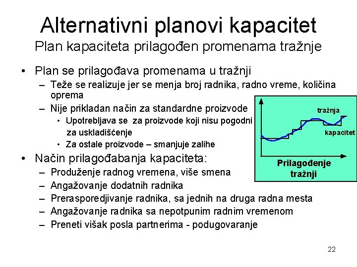 Alternativni planovi kapacitet Plan kapaciteta prilagođen promenama tražnje • Plan se prilagođava promenama u