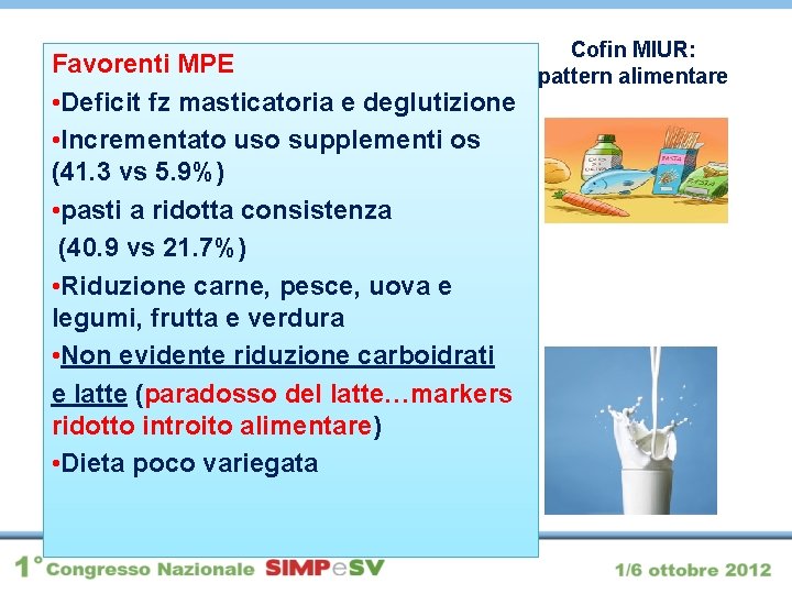 Cofin MIUR: Favorenti MPE pattern alimentare • Deficit fz masticatoria e deglutizione • Incrementato