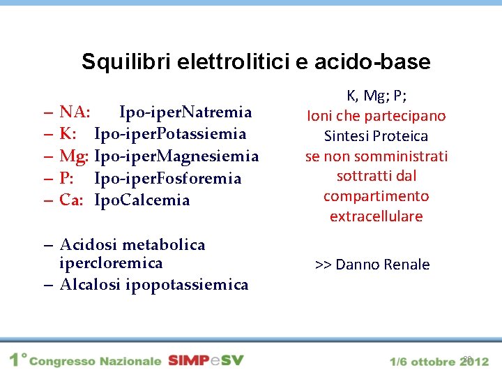 Squilibri elettrolitici e acido-base – – – NA: Ipo-iper. Natremia K: Ipo-iper. Potassiemia Mg: