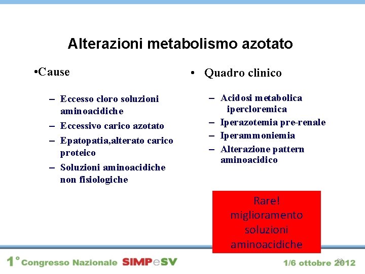Alterazioni metabolismo azotato • Cause – Eccesso cloro soluzioni aminoacidiche – Eccessivo carico azotato