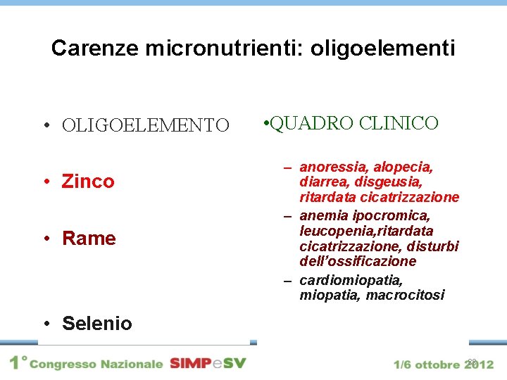 Carenze micronutrienti: oligoelementi • OLIGOELEMENTO • Zinco • Rame • QUADRO CLINICO – anoressia,