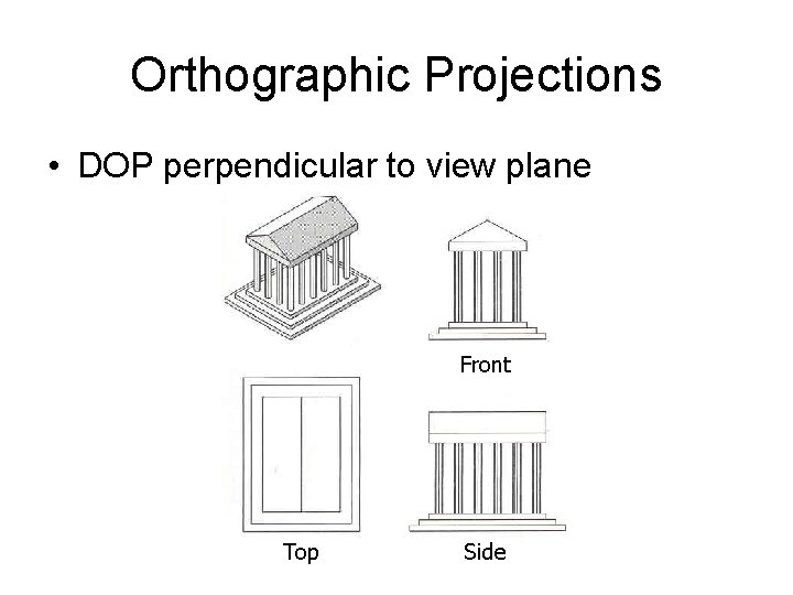 Orthographic Projections • DOP perpendicular to view plane Front Top Side 