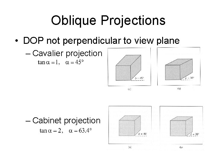 Oblique Projections • DOP not perpendicular to view plane – Cavalier projection – Cabinet