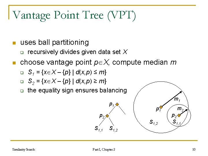 Vantage Point Tree (VPT) n uses ball partitioning q n recursively divides given data Vantage Point Tree (VPT) n uses ball partitioning q n recursively divides given data