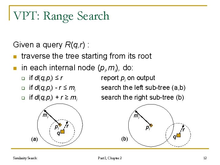 VPT: Range Search Given a query R(q, r) : n traverse the tree starting VPT: Range Search Given a query R(q, r) : n traverse the tree starting