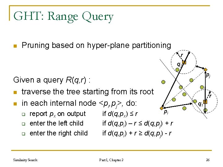 GHT: Range Query n Pruning based on hyper-plane partitioning r q 2 Given a GHT: Range Query n Pruning based on hyper-plane partitioning r q 2 Given a