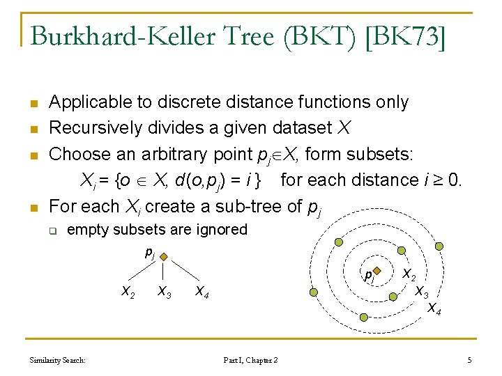 Burkhard-Keller Tree (BKT) [BK 73] n n Applicable to discrete distance functions only Recursively