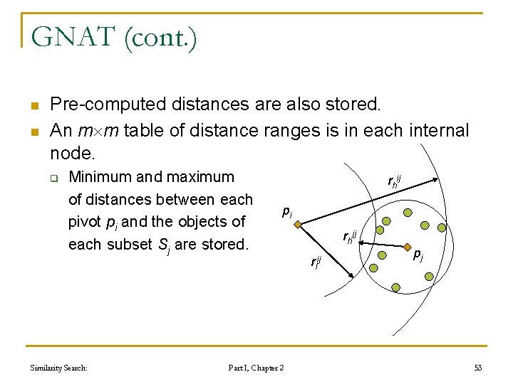 GNAT (cont. ) n n Pre-computed distances are also stored. An m m table GNAT (cont. ) n n Pre-computed distances are also stored. An m m table