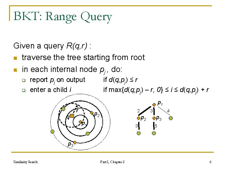 BKT: Range Query Given a query R(q, r) : n traverse the tree starting BKT: Range Query Given a query R(q, r) : n traverse the tree starting