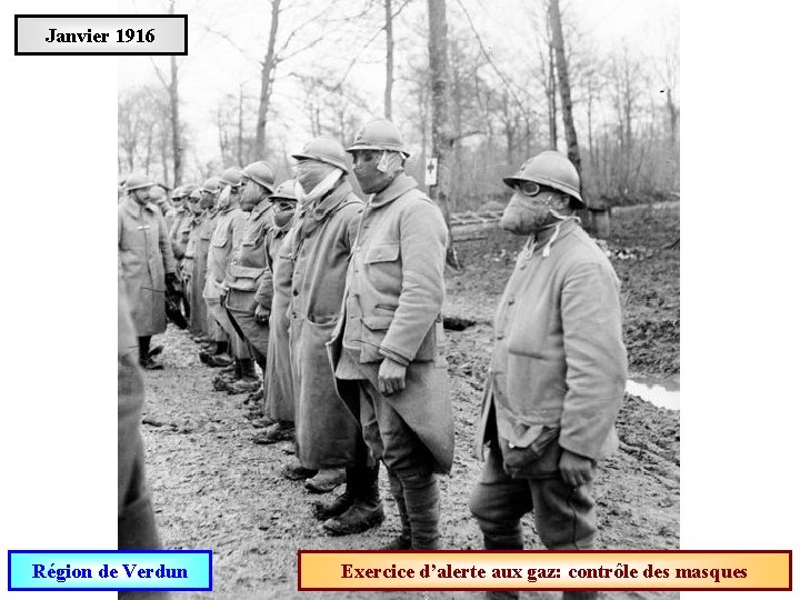 Janvier 1916 Région de Verdun Exercice d’alerte aux gaz: contrôle des masques 