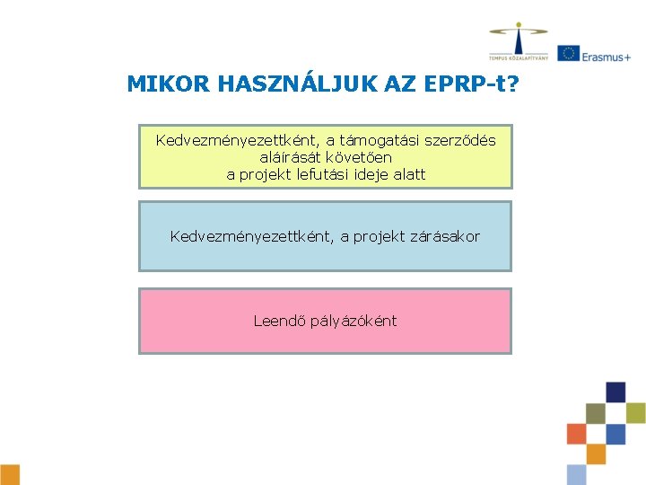 MIKOR HASZNÁLJUK AZ EPRP-t? Kedvezményezettként, a támogatási szerződés aláírását követően a projekt lefutási ideje