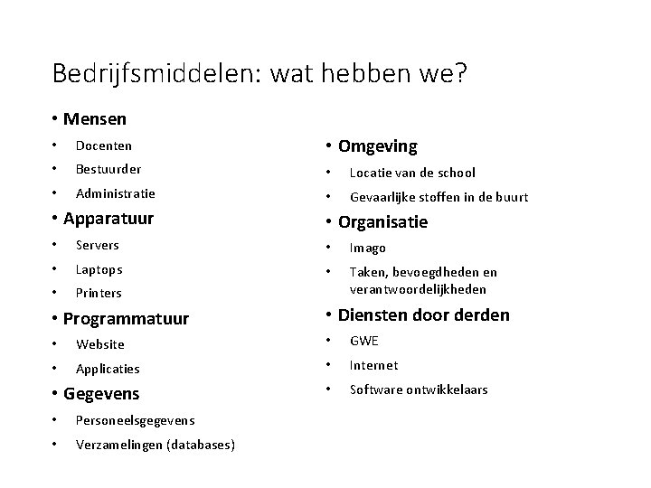 Bedrijfsmiddelen: wat hebben we? • Mensen • Docenten • Omgeving • Bestuurder • Locatie