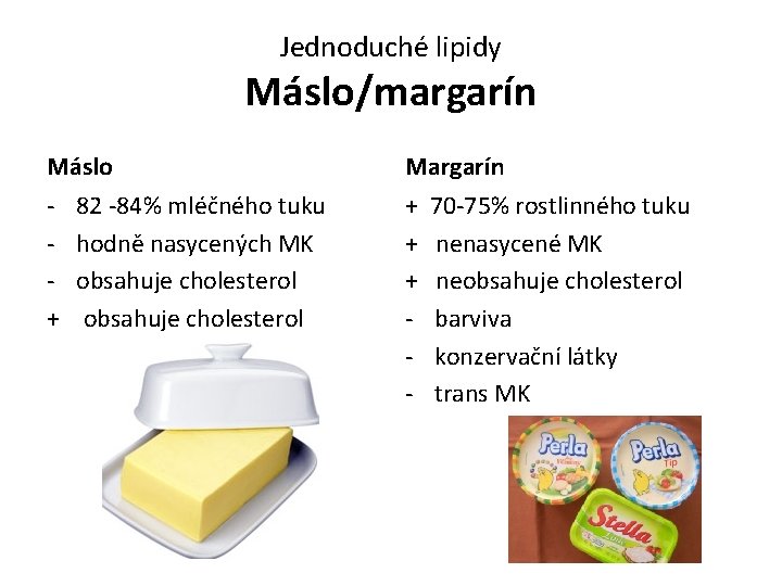 Jednoduché lipidy Máslo/margarín Máslo Margarín - 82 -84% mléčného tuku - hodně nasycených MK