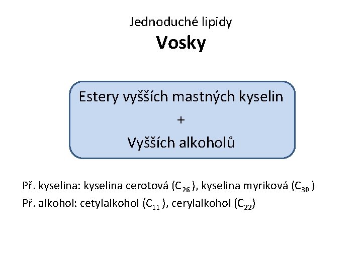 Jednoduché lipidy Vosky Estery vyšších mastných kyselin + Vyšších alkoholů Př. kyselina: kyselina cerotová