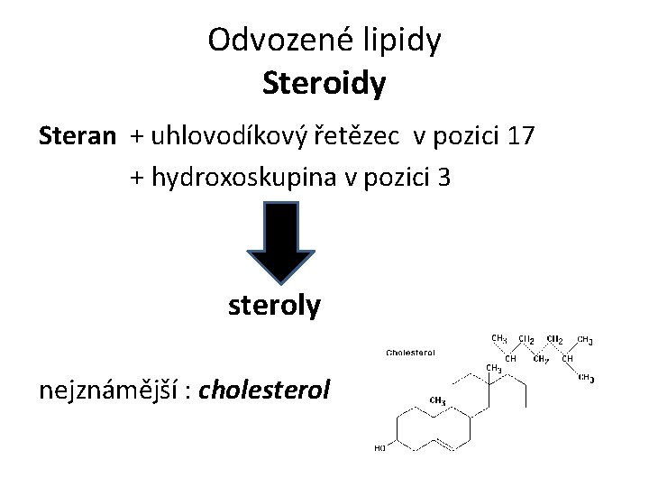 Odvozené lipidy Steroidy Steran + uhlovodíkový řetězec v pozici 17 + hydroxoskupina v pozici