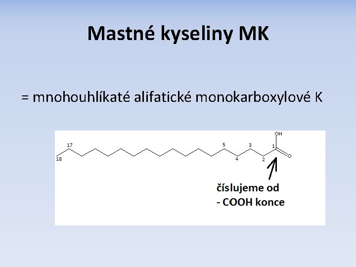 Mastné kyseliny MK = mnohouhlíkaté alifatické monokarboxylové K 