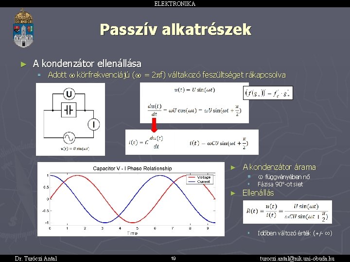 ELEKTRONIKA Passzív alkatrészek ► A kondenzátor ellenállása § Adott w körfrekvenciájú (w = 2