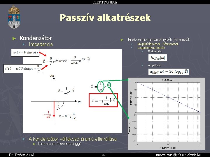 ELEKTRONIKA Passzív alkatrészek ► Kondenzátor ► § Impedancia Frekvenciatartománybéli jellemzők § § Amplitúdómenet, Fázismenet