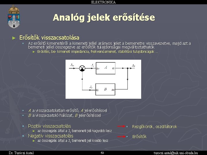 ELEKTRONIKA Analóg jelek erősítése ► Erősítők visszacsatolása § Az erősítő kimenetéről a kimeneti jellel