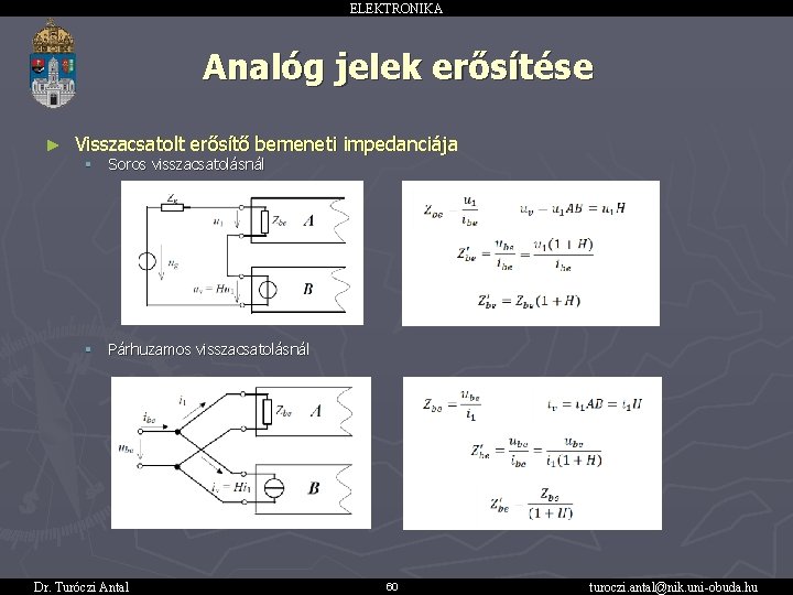 ELEKTRONIKA Analóg jelek erősítése ► Visszacsatolt erősítő bemeneti impedanciája § Soros visszacsatolásnál § Párhuzamos