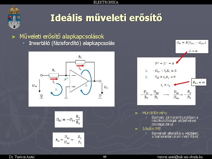 ELEKTRONIKA Ideális műveleti erősítő ► Műveleti erősítő alapkapcsolások § Invertáló (fázisfordító) alapkapcsolás I 2