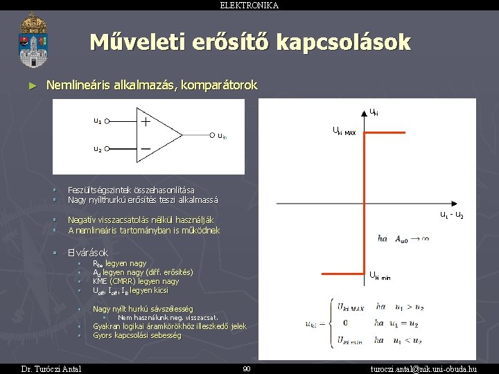 ELEKTRONIKA Műveleti erősítő kapcsolások ► Nemlineáris alkalmazás, komparátorok uki Uki § § Feszültségszintek összehasonlítása