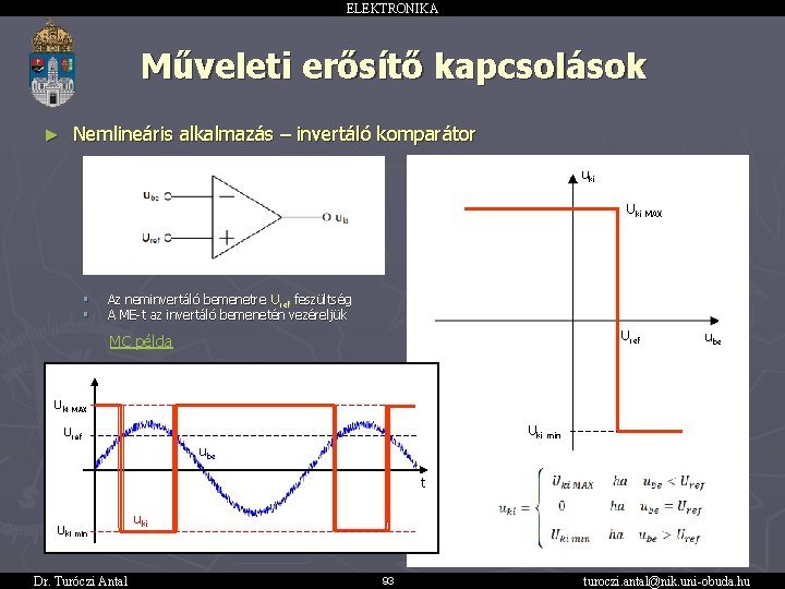 ELEKTRONIKA Műveleti erősítő kapcsolások Nemlineáris alkalmazás – invertáló komparátor ► uki Uki § §