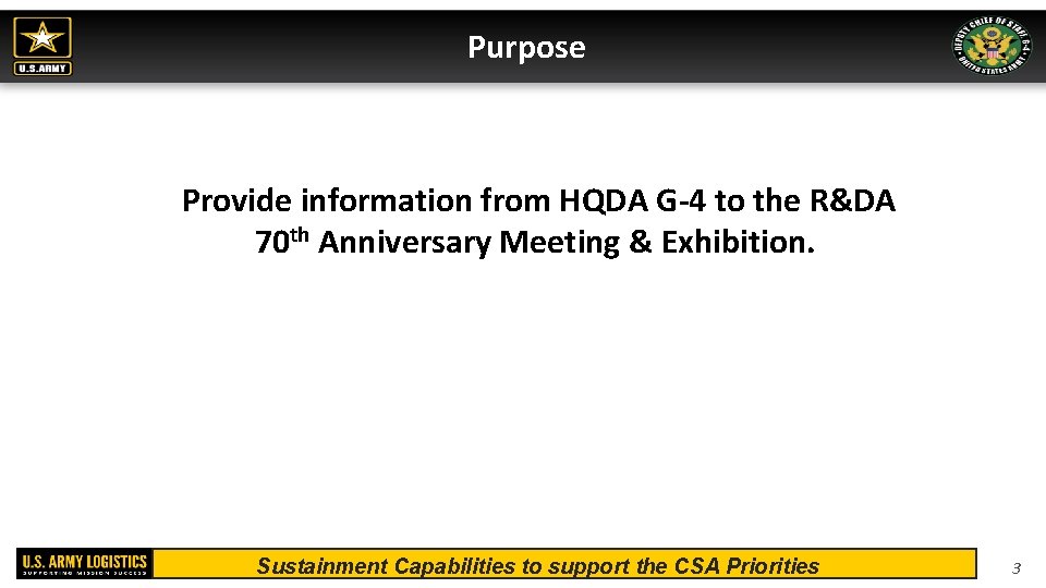 Purpose Provide information from HQDA G-4 to the R&DA 70 th Anniversary Meeting &