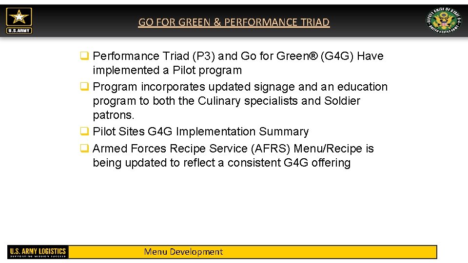 GO FOR GREEN & PERFORMANCE TRIAD q Performance Triad (P 3) and Go for