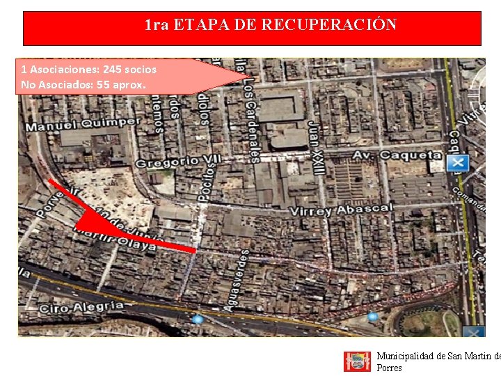 1 ra ETAPA DE RECUPERACIÓN 1 Asociaciones: 245 socios No Asociados: 55 aprox. Municipalidad