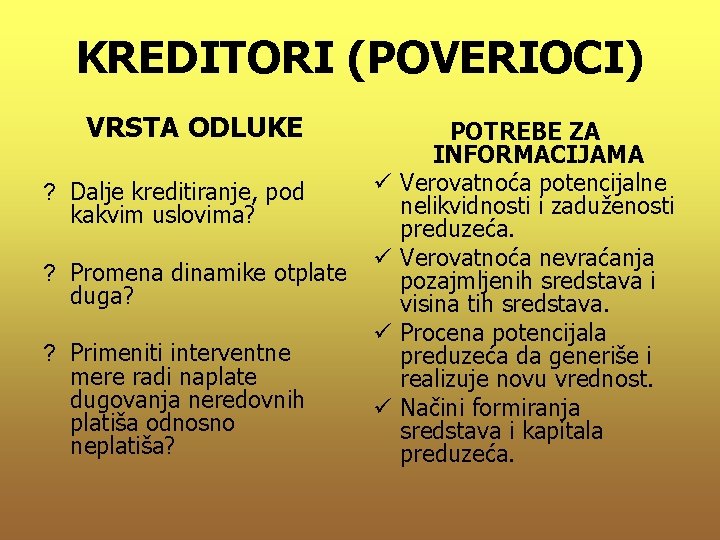 KREDITORI (POVERIOCI) VRSTA ODLUKE ? Dalje kreditiranje, pod kakvim uslovima? ? Promena dinamike otplate