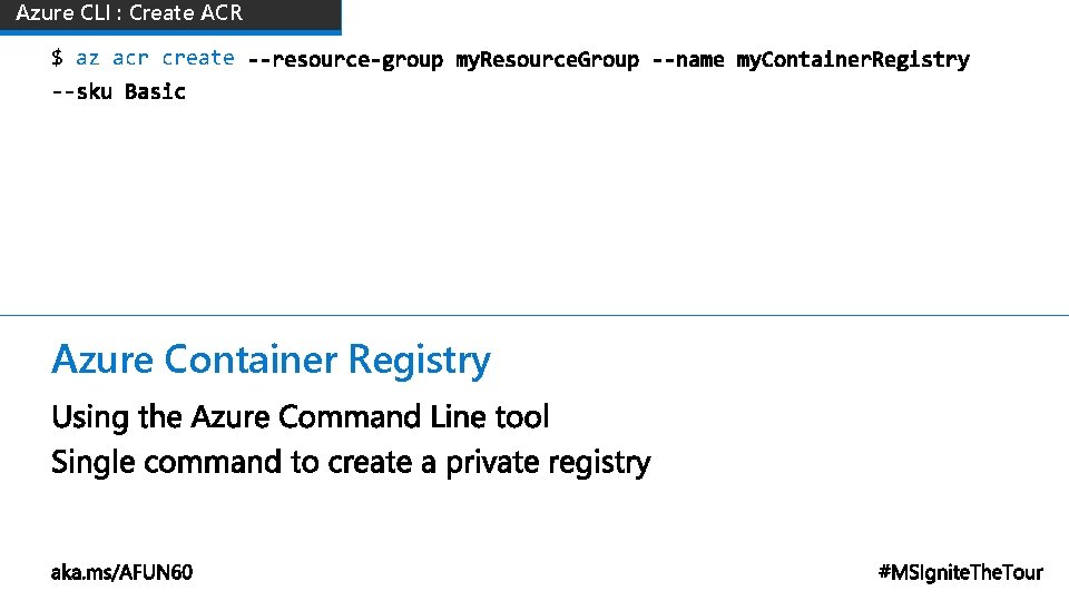 Azure CLI : Create ACR $ az acr create Azure Container Registry 