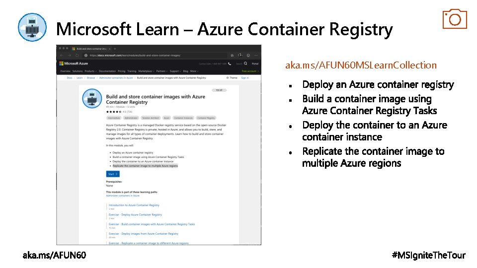 Microsoft Learn – Azure Container Registry aka. ms/AFUN 60 MSLearn. Collection 