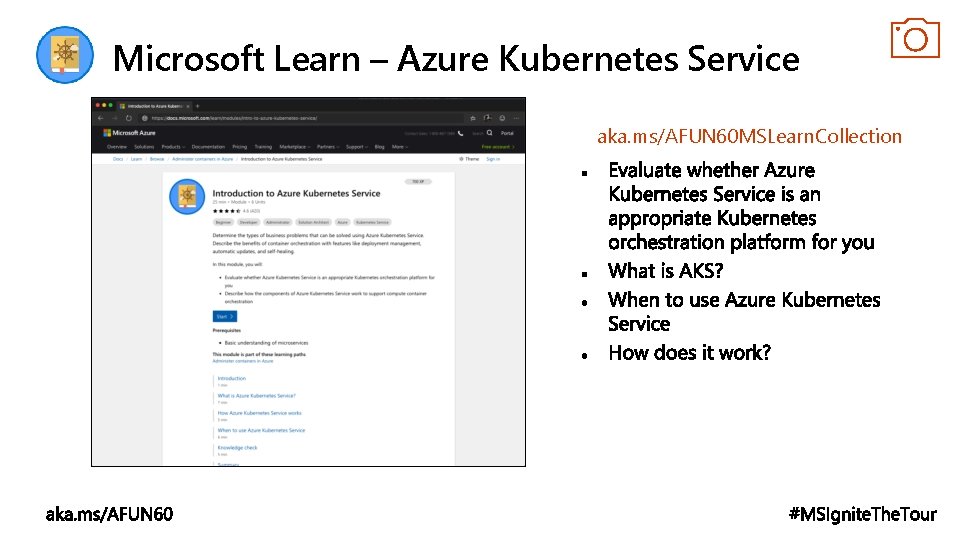 Microsoft Learn – Azure Kubernetes Service aka. ms/AFUN 60 MSLearn. Collection 