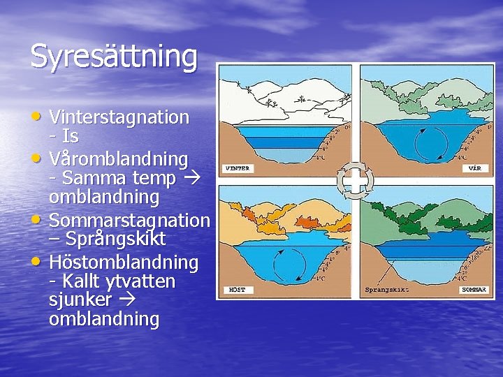 Syresättning • Vinterstagnation • • • - Is Våromblandning - Samma temp omblandning Sommarstagnation