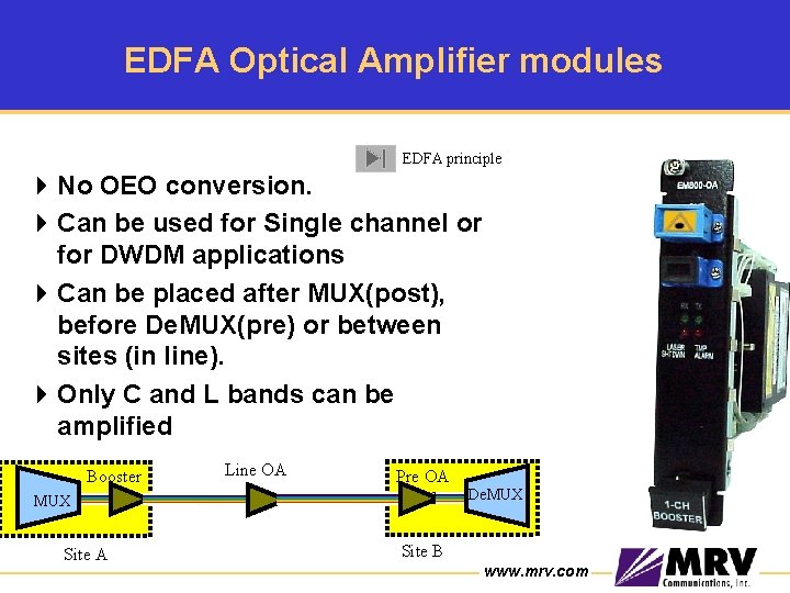 EDFA Optical Amplifier modules EDFA principle 4 No OEO conversion. 4 Can be used