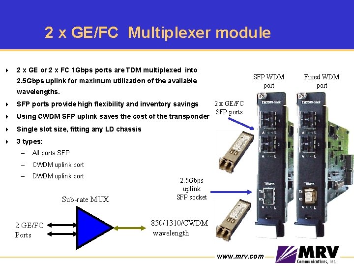 2 x GE/FC Multiplexer module 4 2 x GE or 2 x FC 1