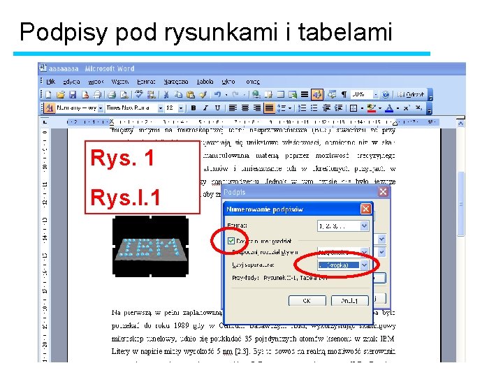 Podpisy pod rysunkami i tabelami Rys. 1 Rys. I. 1 