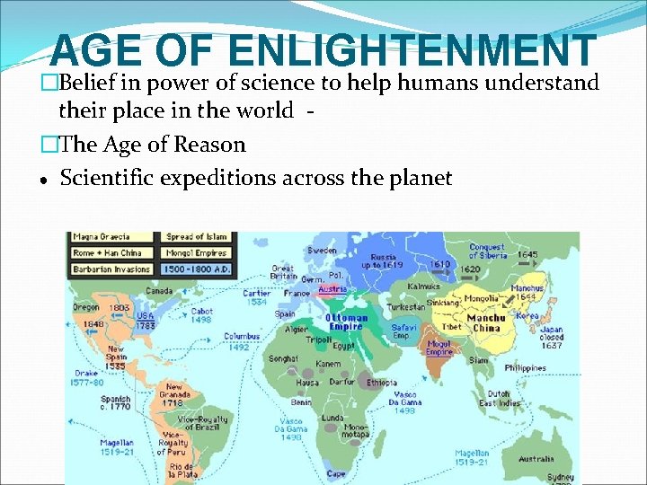 AGE OF ENLIGHTENMENT �Belief in power of science to help humans understand their place