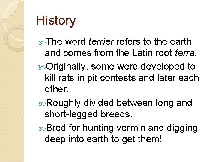 History The word terrier refers to the earth and comes from the Latin root